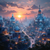 A breathtaking fantasy cityscape at sunset, filled with intricate towers and glowing lights, embodying the idea of an incredible yet ephemeral empire.