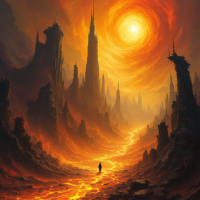 A lone figure stands on a winding path of molten lava, flanked by towering, jagged spires under a surreal, fiery sky, embodying the journey of navigating a strange world.