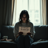 A woman sits on a couch, intently reading a note as soft light filters through a nearby window, embodying the internal struggles referenced in the quote about personal battles.