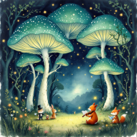 A whimsical forest scene features oversized, glowing mushrooms under a starry sky. A fox and a rabbit read outdoors, evoking the idea that reality often hides deeper truths.