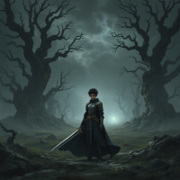 A lone warrior stands amid twisted, barren trees under a dark, stormy sky, illuminated by a faint glow in the distance, embodying the inner battles described in the quote.