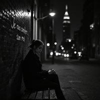 A woman sits on a bench in a dimly lit urban street at night, reflecting quietly, with the Empire State Building glowing in the background. The scene embodies resilience and survival.