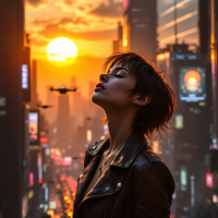 A woman stands in a bustling city at sunset, her face uplifted as she absorbs the sun's warmth, embodying the promise of a new day. Vibrant city lights surround her.