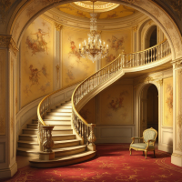 A grand staircase winds elegantly in an opulent foyer adorned with golden walls and intricate murals, illuminated by a sparkling chandelier. A lone chair sits invitingly nearby.