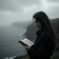 A woman with long dark hair stands by a misty coast, holding an open book. The quote In my end is my beginning resonates as she gazes thoughtfully at the pages.