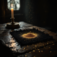 A dimly lit room features a candle on a rustic table, illuminating a mound of brown dust surrounded by sparkling particles, echoing the quote about fears in a handful of dust.