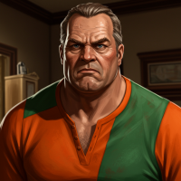 A large, broad-shouldered man with a stern, angry expression stands in a dimly lit room, embodying an intimidating and hard-to-please presence.