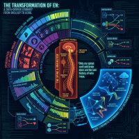 A detailed infographic illustrating En’s transformation from a human with organic limbs to a cybernetic being, retaining only his spinal cord and brain stem.
