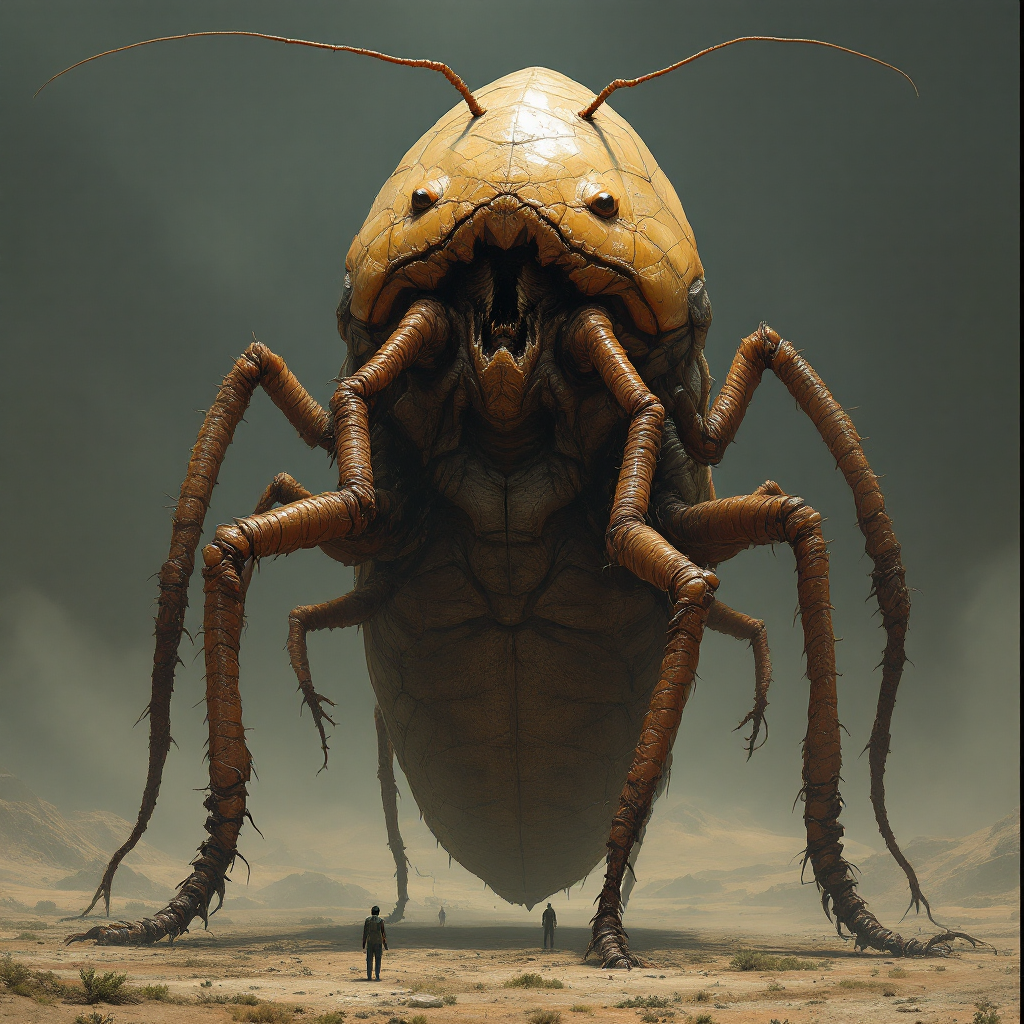 A colossal, smooth brown insect resembling a monstrous cockroach stands in a desolate landscape, towering over two small figures for scale. Its features are exaggerated and surreal.