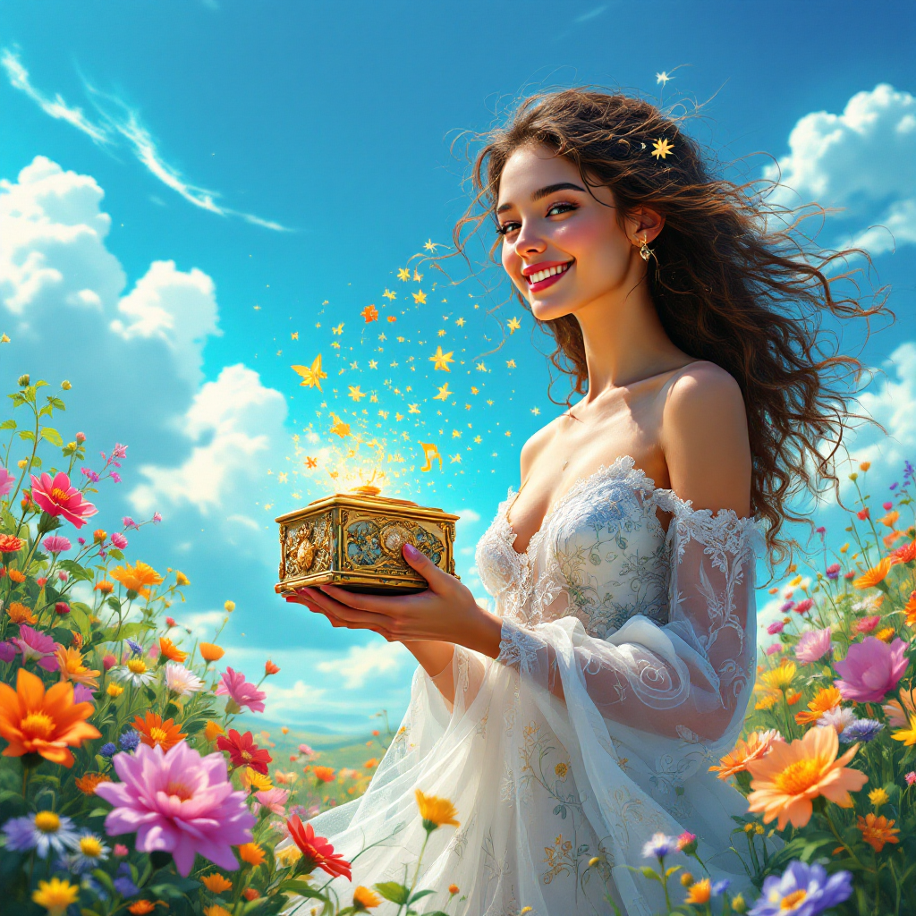 A joyful young woman in a flowing white dress holds a glowing treasure chest amidst vibrant flowers under a bright blue sky, embodying the essence of thriving and finding joy in life.