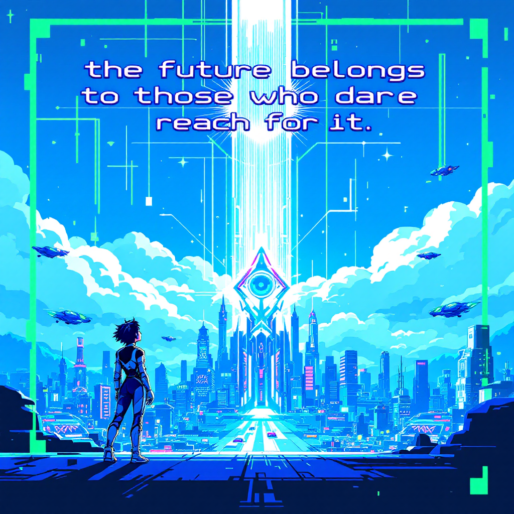 A lone figure stands before a futuristic city, gazing upwards at bright skyscrapers and a glowing beam of light, with the quote, the future belongs to those who dare to reach for it, prominently displayed.