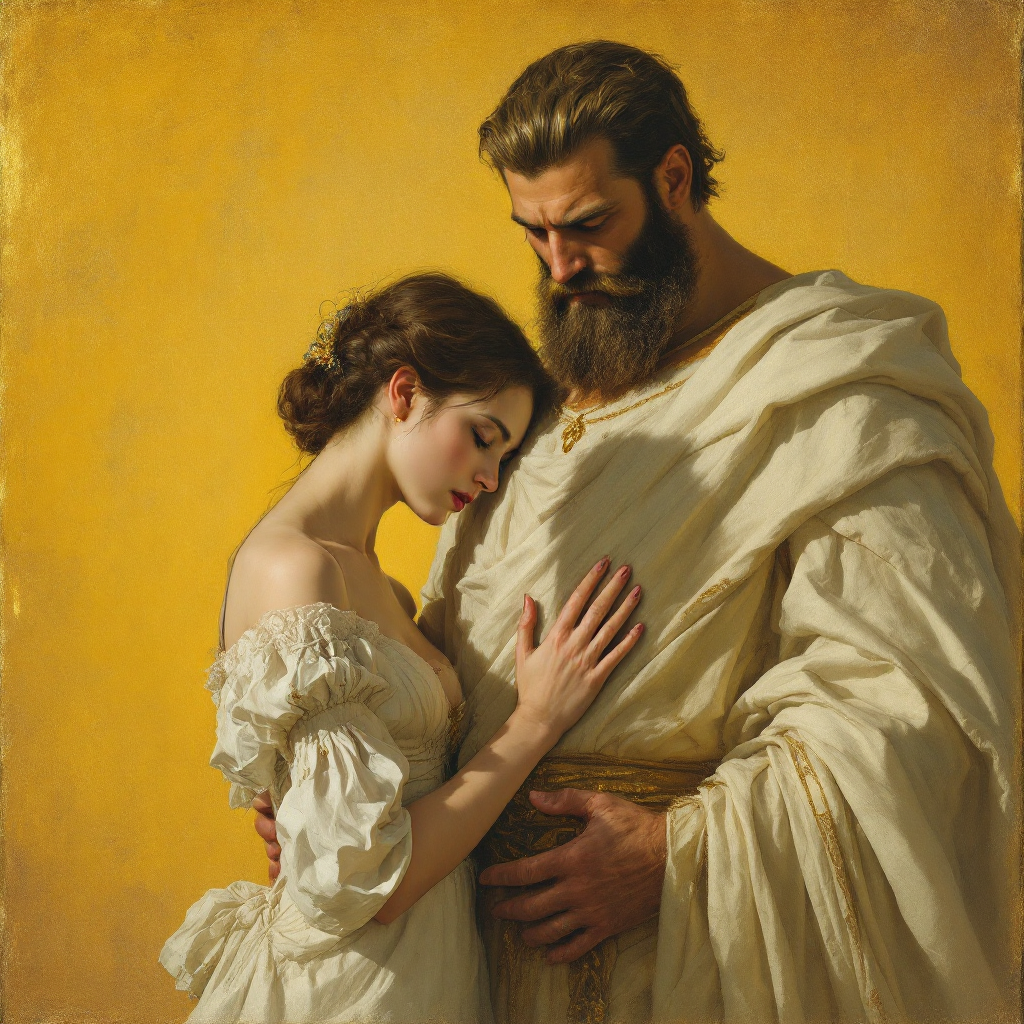 A solemn moment captures a woman in a white dress leaning against a strong man in regal attire, embodying the quote about the fear of being forgotten over fear of the king.