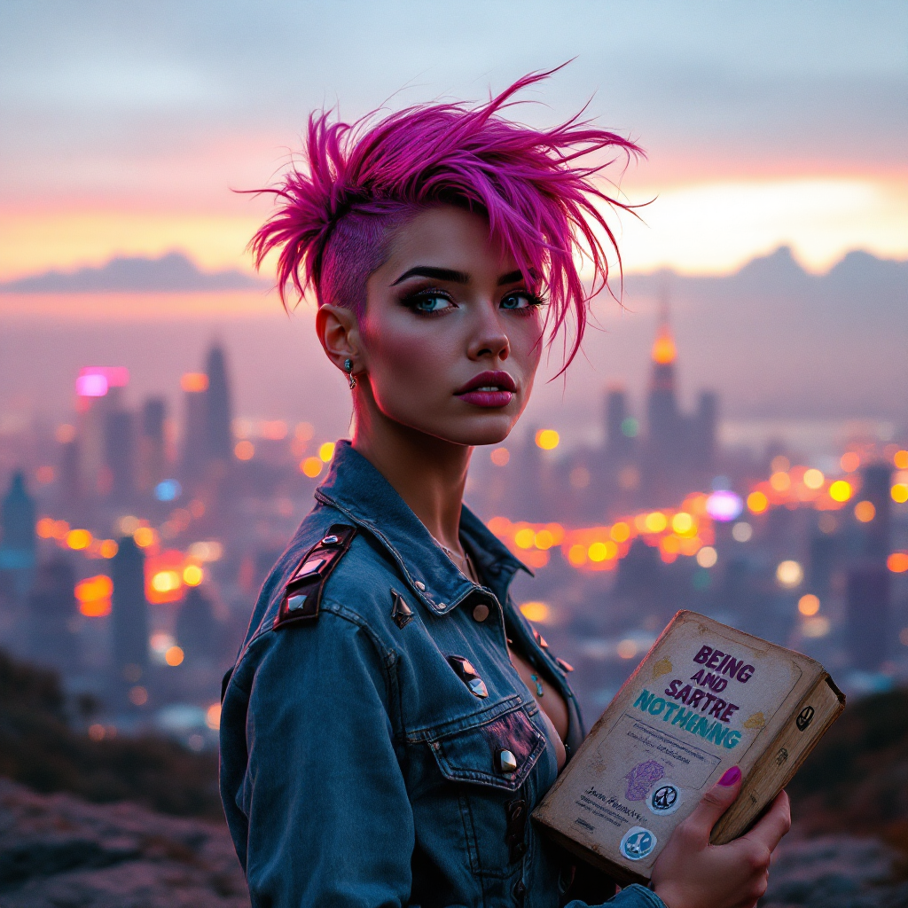 A person with vibrant pink hair stands against a city skyline at sunset, holding a book that reflects on philosophical freedom and the critique of dogmatism.