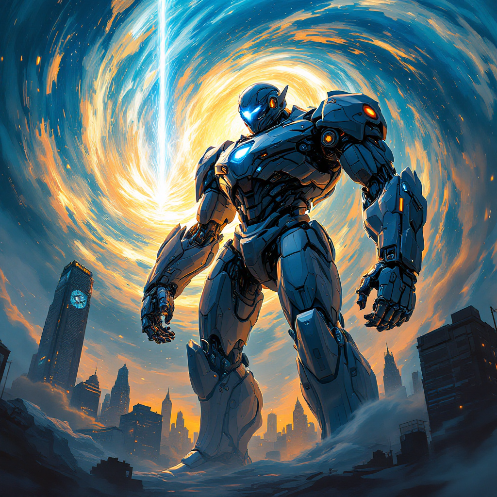 A powerful robot stands amidst a cityscape, illuminated by a swirling vortex of light, symbolizing the battles of willpower and intelligence rather than conventional weapons.