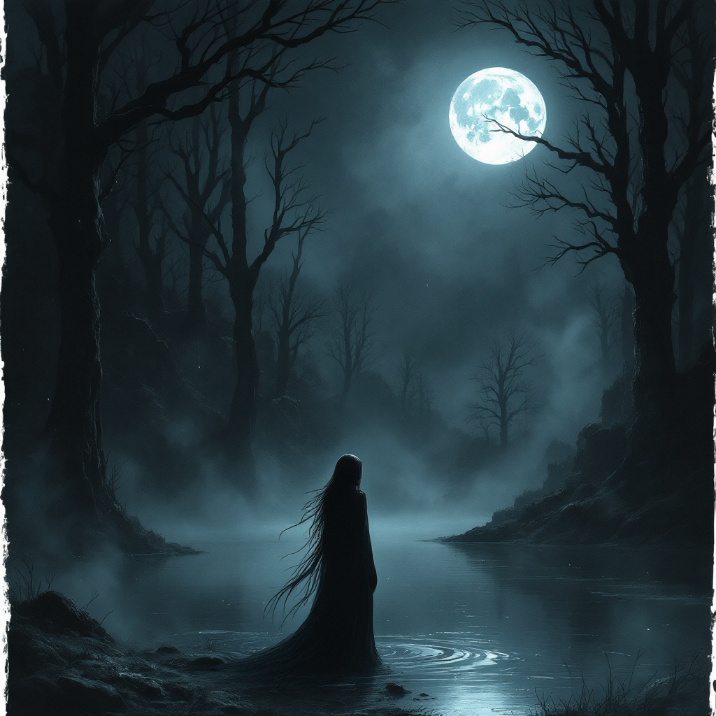 A dark, misty landscape with a figure in a flowing gown standing by a reflective body of water, illuminated by a bright full moon, evokes themes of truth and shattered illusions.