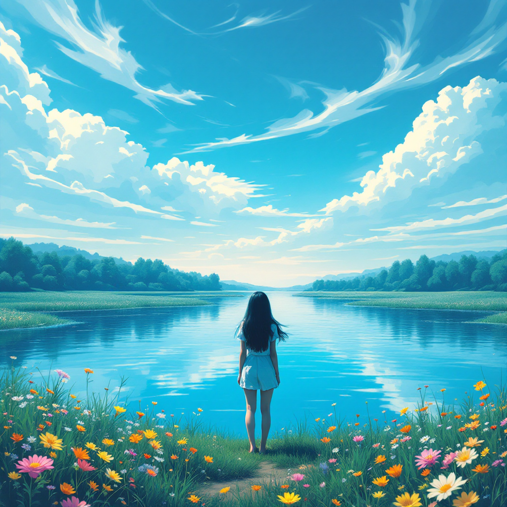 A girl stands by a serene lake, surrounded by vibrant flowers and under a clear blue sky, embodying the calm before the storm—a moment of clarity and preparation.