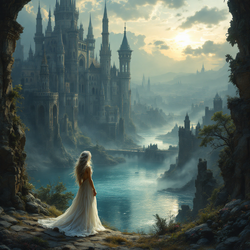 A figure in a flowing gown stands at the edge of a rocky entrance, gazing over a mystical landscape of a distant castle and tranquil waters, evoking the essence of memory and eternity.