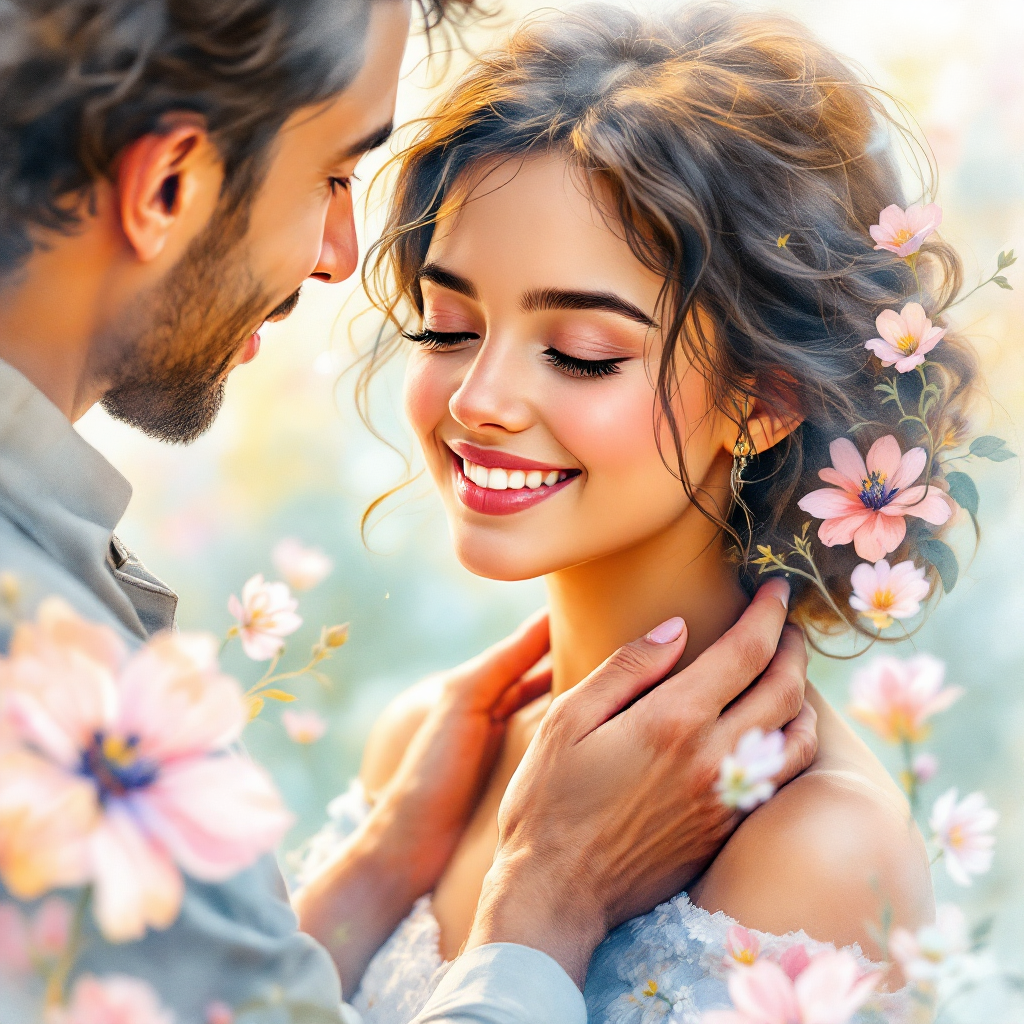 A joyful couple gazes into each other's eyes, surrounded by soft blossoms, embodying the essence of love, connection, and acceptance from the quote, To be loved is to be seen.