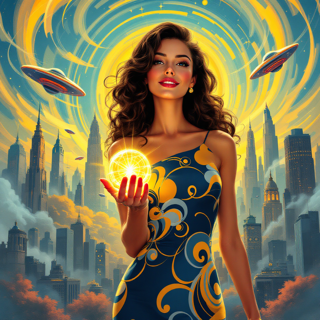 A confident woman in a vibrant dress holds a glowing orb, set against a futuristic cityscape with swirling colors, embodying the warmth of love and acceptance.