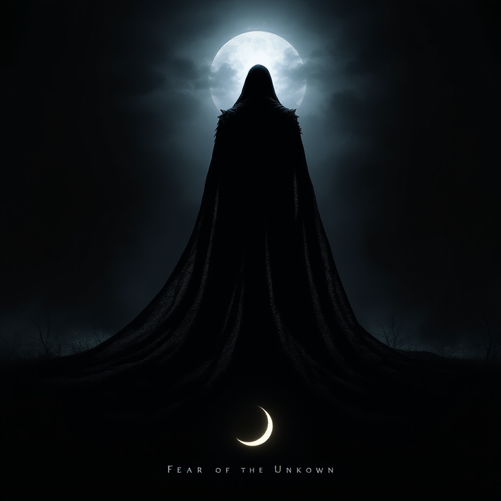 A shadowy figure draped in dark fabric stands against a full moon, conveying an aura of mystery and evoking the theme of fear of the unknown. A crescent moon glows subtly below.