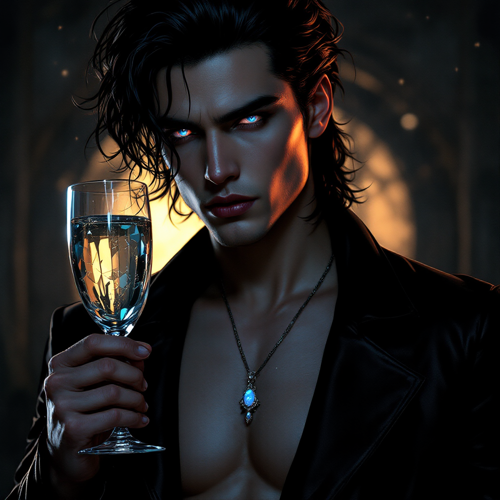 A striking figure with tousled dark hair and intense eyes holds a glass of shimmering liquid, dressed in a leather jacket that radiates allure and mystery against a dimly lit backdrop.