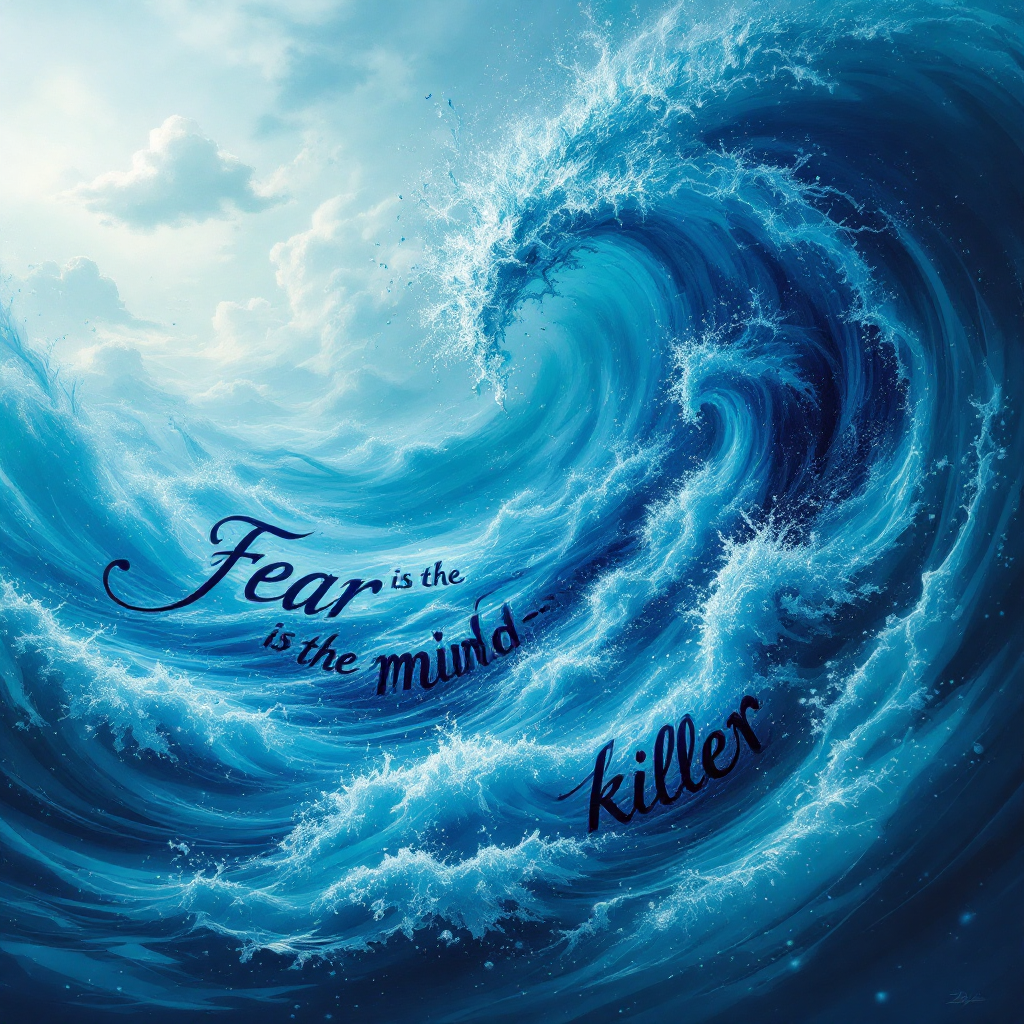 A turbulent ocean wave swirls in shades of blue, with the quote Fear is the mind-killer artistically woven through the water, evoking a sense of intensity and depth.