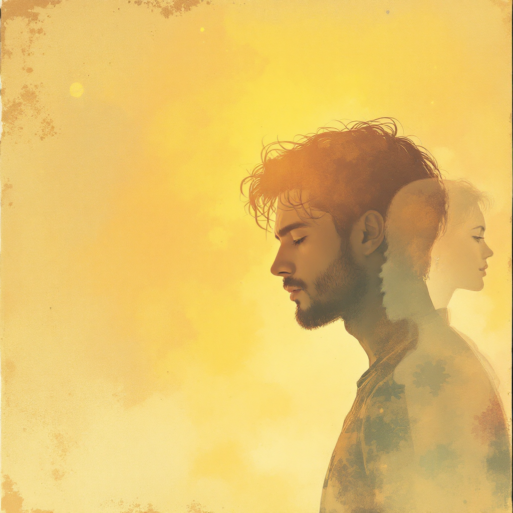 A soft, ethereal illustration of a man’s profile juxtaposed with a ghostly silhouette of a woman, embodying the fleeting nature of memory and presence.