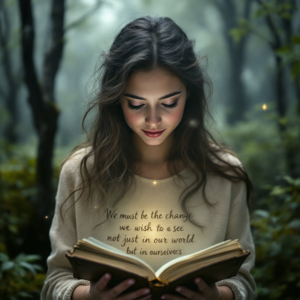 A young woman reads a book in a serene forest, wearing a sweater with the quote, We must be the change we wish to see, not just in our world but in ourselves. Soft light surrounds her.