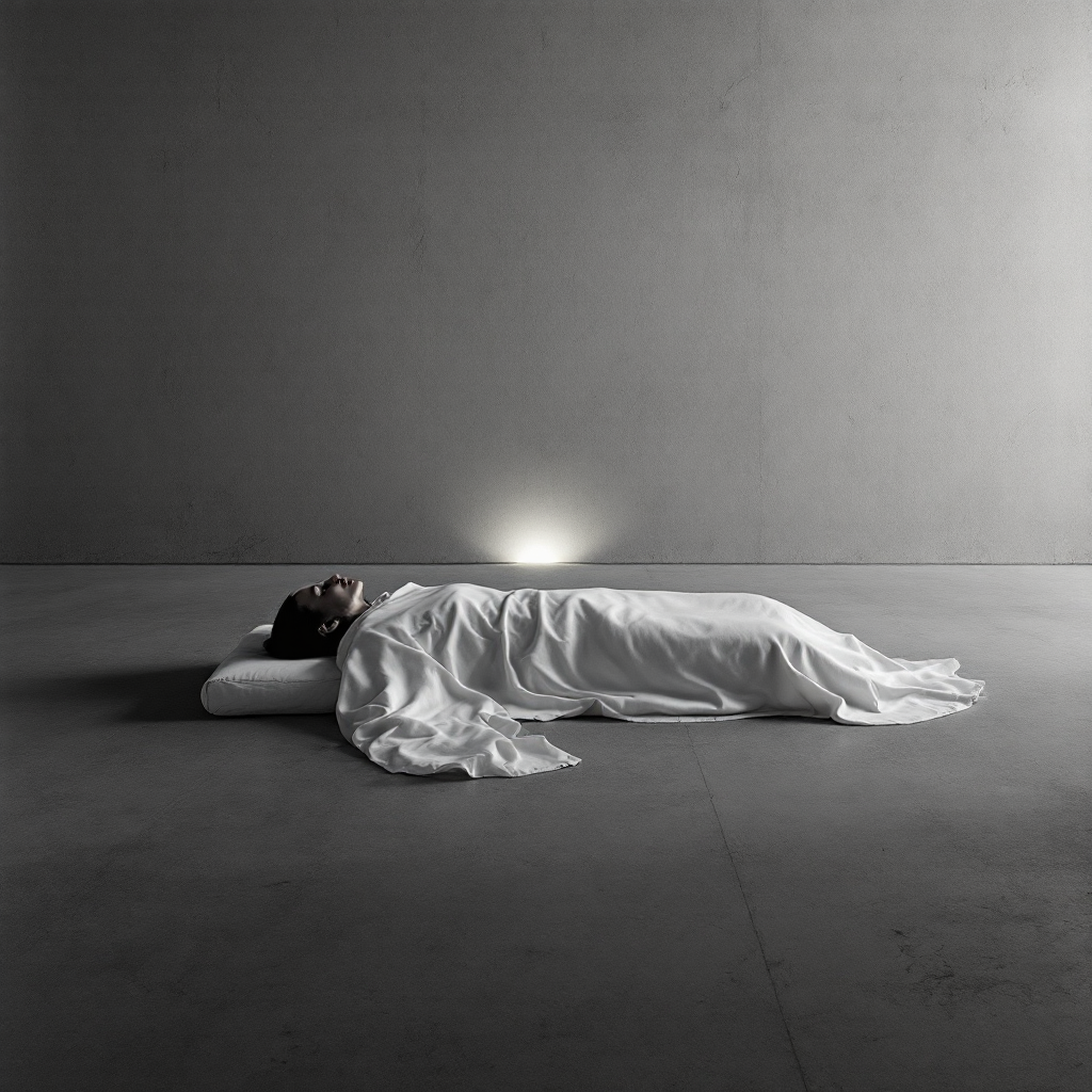 A serene figure lies covered in a white blanket, illuminated by a soft light in an empty, minimalistic space, evoking themes of life and death from the quote about mortality.