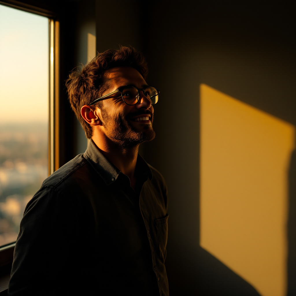 A man smiles contentedly by a window, illuminated by warm sunset light, embodying the idea of viewing the world through his unique perspective.