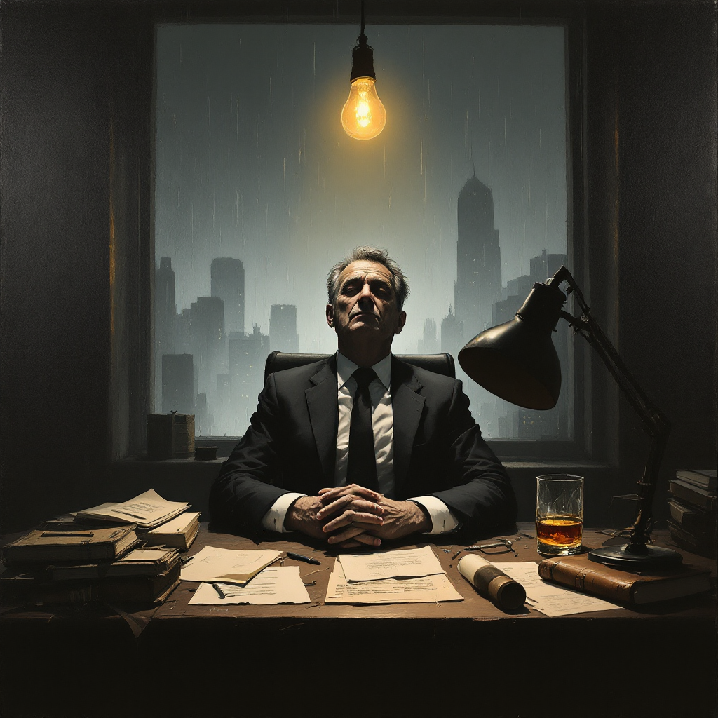 A man in a suit sits at a cluttered desk under a single hanging light, rain visible through a window behind him, embodying the weight of remembering amidst forgetfulness.
