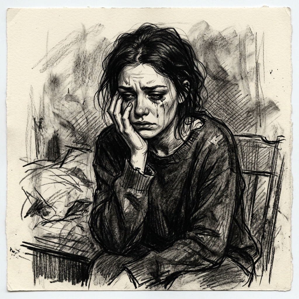 A black-and-white sketch of a woman sitting with her head resting on her hand, tears streaming down her face, conveying deep self-hatred and sorrow.
