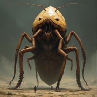 A colossal, smooth brown insect resembling a monstrous cockroach stands in a desolate landscape, towering over two small figures for scale. Its features are exaggerated and surreal.