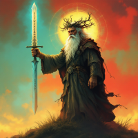 A majestic figure with a long beard and antler-like crown stands on a hill, holding a glowing sword against a vibrant sunset, embodying themes of renewal and strength from Tolkien's quote.