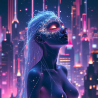 A glowing figure with luminous hair and vibrant eyes stands against a futuristic city backdrop, embodying the essence of life, as echoed in the quote about breathing and singing.