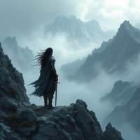 A figure in a flowing cloak stands on a rocky peak, gazing into misty mountains, embodying the idea that a man's worth lies in the depth of his soul, not the strength of his sword.