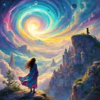 A figure stands on a rocky ledge, gazing at a swirling galaxy above a vibrant sky, while a fantastical city rests below, embodying the complexity of the world beyond simple narratives.