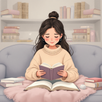 A young woman sits comfortably on a couch, reading a book, surrounded by shelves filled with books, embodying the sentiment that there is no friend as loyal as a book.