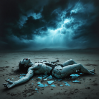 A fractured figure lies on a desolate ground, cracked and juxtaposed against a dark, stormy sky, embodying the haunting sensation of losing one’s own self after a catastrophic event.