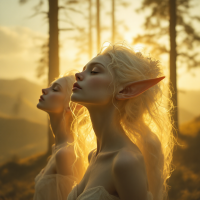 Two ethereal figures with pointed ears stand in a golden light, embodying the pursuit of luminosity, reflecting the immortality theme of Elves and their kin. Trees frame the glowing background.