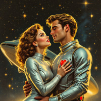 A couple in metallic space suits gazes lovingly at each other against a starry background, embodying the sentiment of always finding their way back to one another.