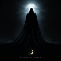 A shadowy figure draped in dark fabric stands against a full moon, conveying an aura of mystery and evoking the theme of fear of the unknown. A crescent moon glows subtly below.