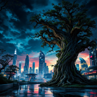 A large, ancient tree stands amidst a futuristic city skyline at sunset, symbolizing the clash of nature and technological advancement, embodying the duality of progress.