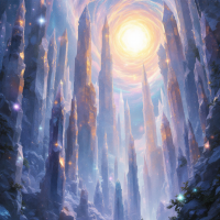 A mystical landscape with towering crystal formations reaching towards a swirling sky, illuminated by a radiant light, reflecting the idea of individual reality shaped in the mind.