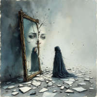 A figure in a dark cloak gazes into a shattered, ornate mirror, where a fractured reflection of a serene face emerges, symbolizing introspection and emotional depth in art.