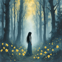 A girl stands in a foggy forest, surrounded by glowing yellow flowers, embodying the struggle of recognizing hidden truths in a realm of shadows and light.