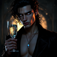 A striking figure with tousled dark hair and intense eyes holds a glass of shimmering liquid, dressed in a leather jacket that radiates allure and mystery against a dimly lit backdrop.