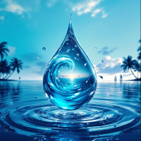 A vibrant blue droplet reflects swirling ocean waves within, set against a serene backdrop of palm trees and a tranquil sea, embodying the quote about being the ocean in a drop.