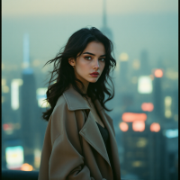 A contemplative young woman in a beige coat stands against a blurred city skyline, embodying the essence of change amidst uncertain futures, reflecting the quote's message.