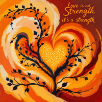 An abstract illustration features a vibrant heart entwined with dark branches against a warm orange background, accompanied by the quote Love is not weakness; it’s a strength.